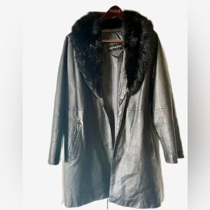 Women’s Adolfo Leather Medium Length (Mid-Thigh) Opossum Fur Trim Coat